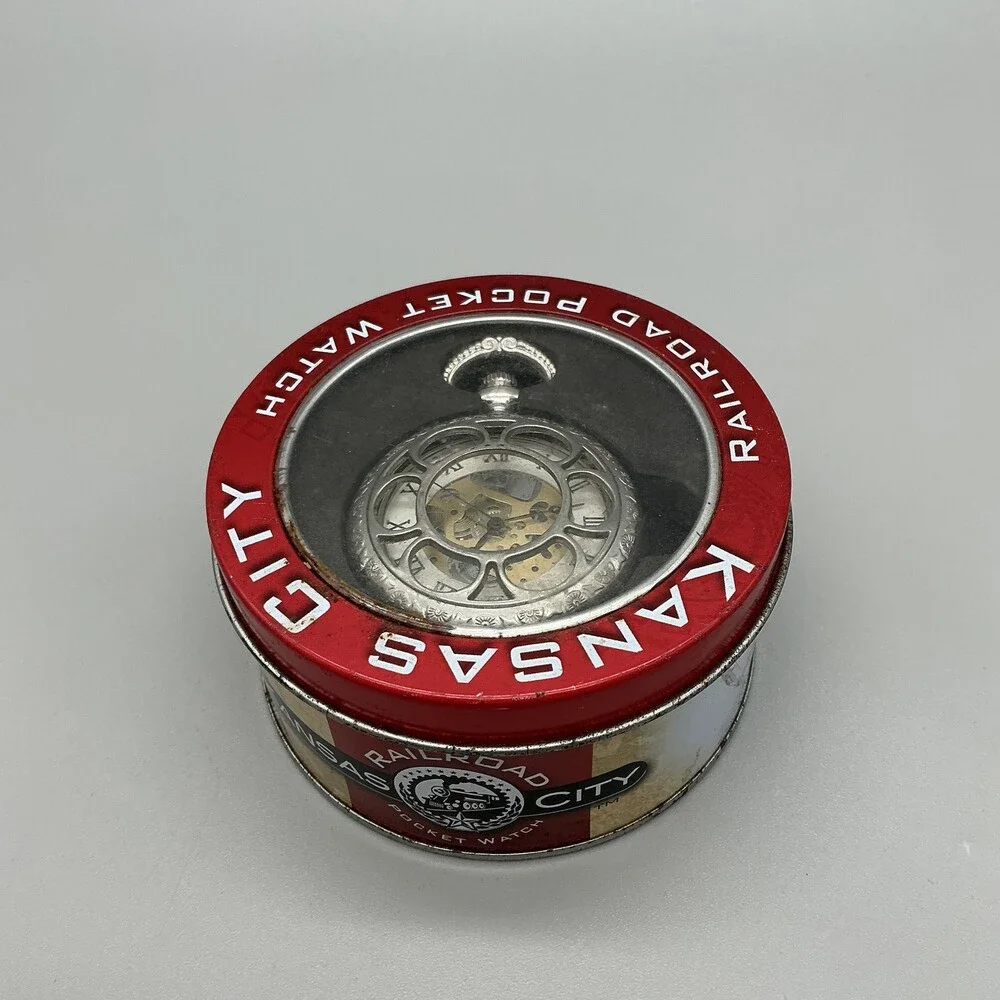 Kansas City Railroad Pocket Watch Men 47mm Silver Tone Skeleton Manual